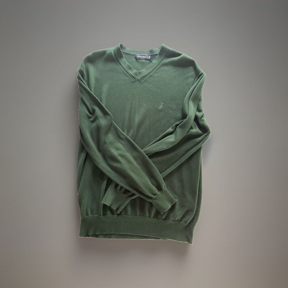 Nautica Sweater Men’s Large Dark Green Logos Cotton V-Neck Good Condition